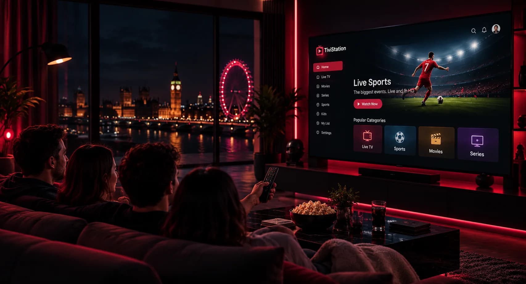 Friends watching live sports on the TiviStation smart TV interface at night, with the London skyline visible through the window